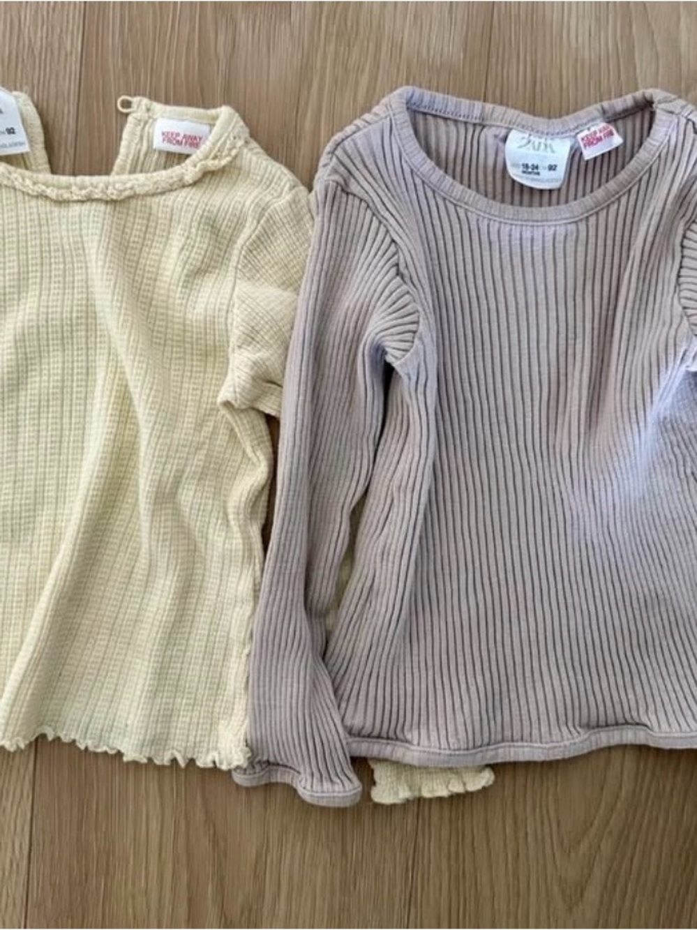 Zara Kids Ribbed Long-Sleeve Tops - Cream & Taupe